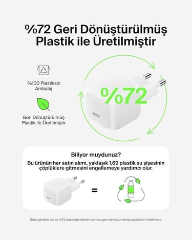 Belkin Kompakt 45 W USB-C Güç İletimli Hızlı Şarj Aleti, Beyaz