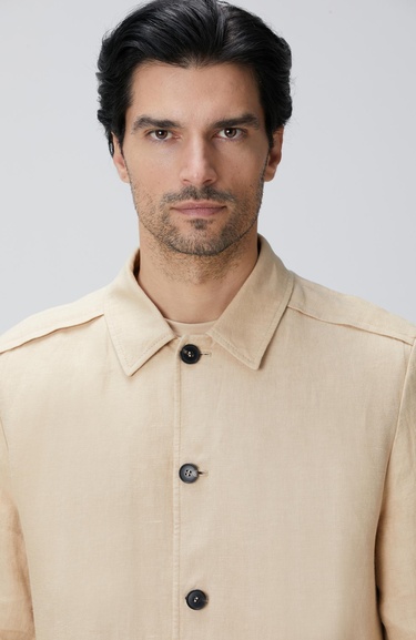  Network Erkek Bej Diyagonal Desenli Keten Gömlek