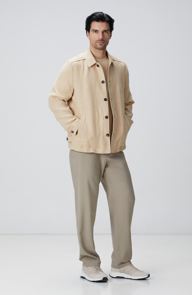  Network Erkek Bej Diyagonal Desenli Keten Gömlek