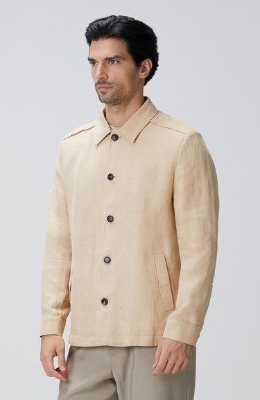  Network Erkek Bej Diyagonal Desenli Keten Gömlek