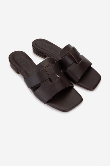  Valmenti Kadın Hakiki Deri Kahverengi Düz Terlik