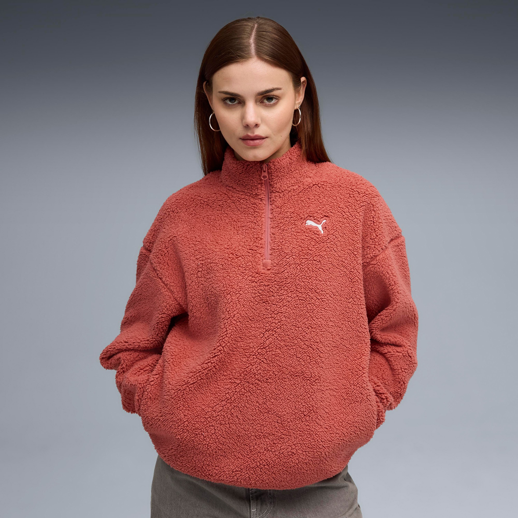 Puma Essential Elevated Half-Zip Crew Kadın Kırmızı Sweatshirt