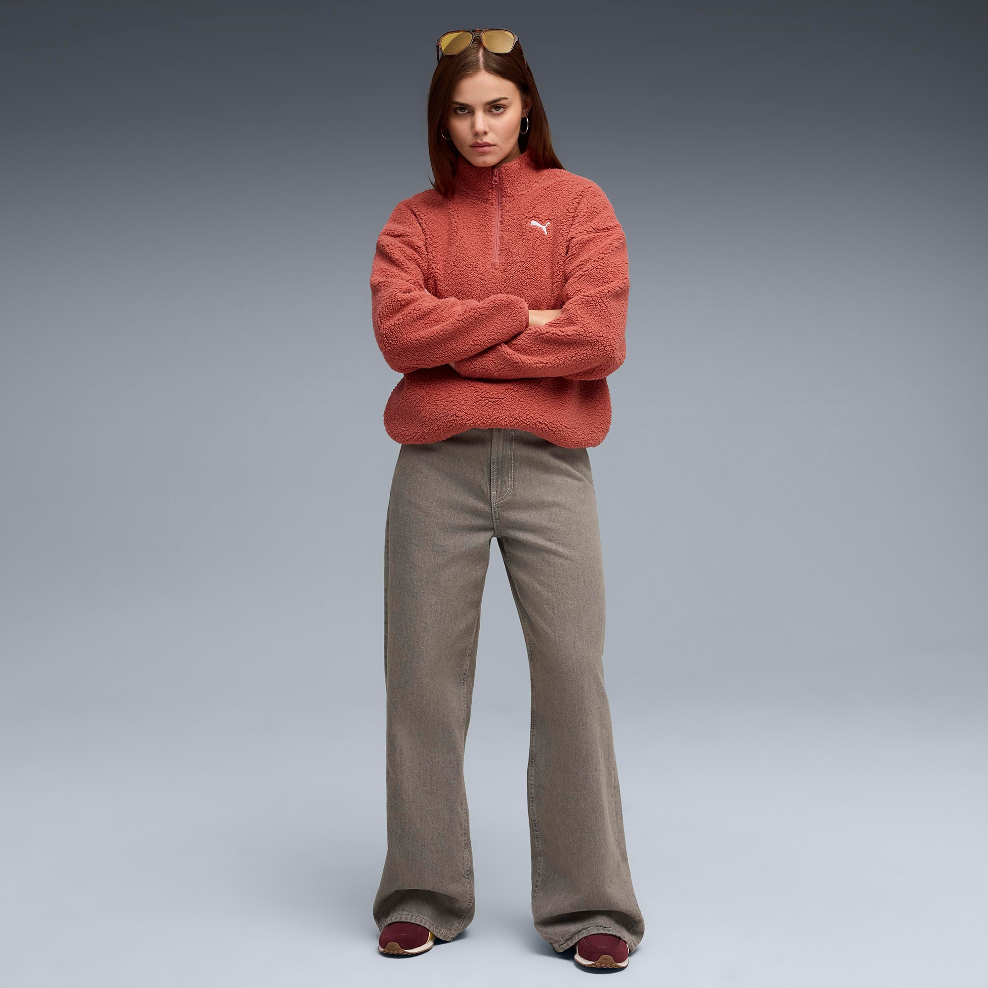 Puma Essential Elevated Half-Zip Crew Kadın Kırmızı Sweatshirt