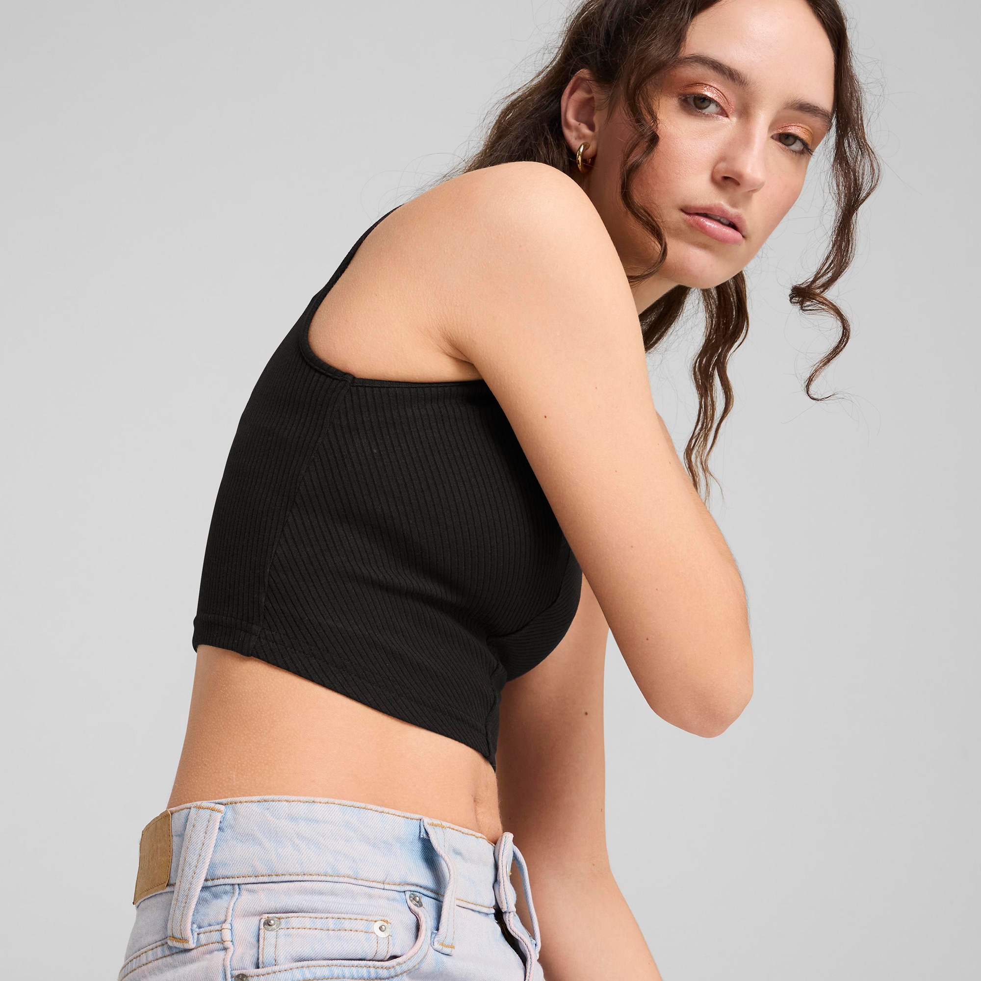 Puma Wardrobe Essential Ribbed Crop Top Kadın Siyah T-Shirt