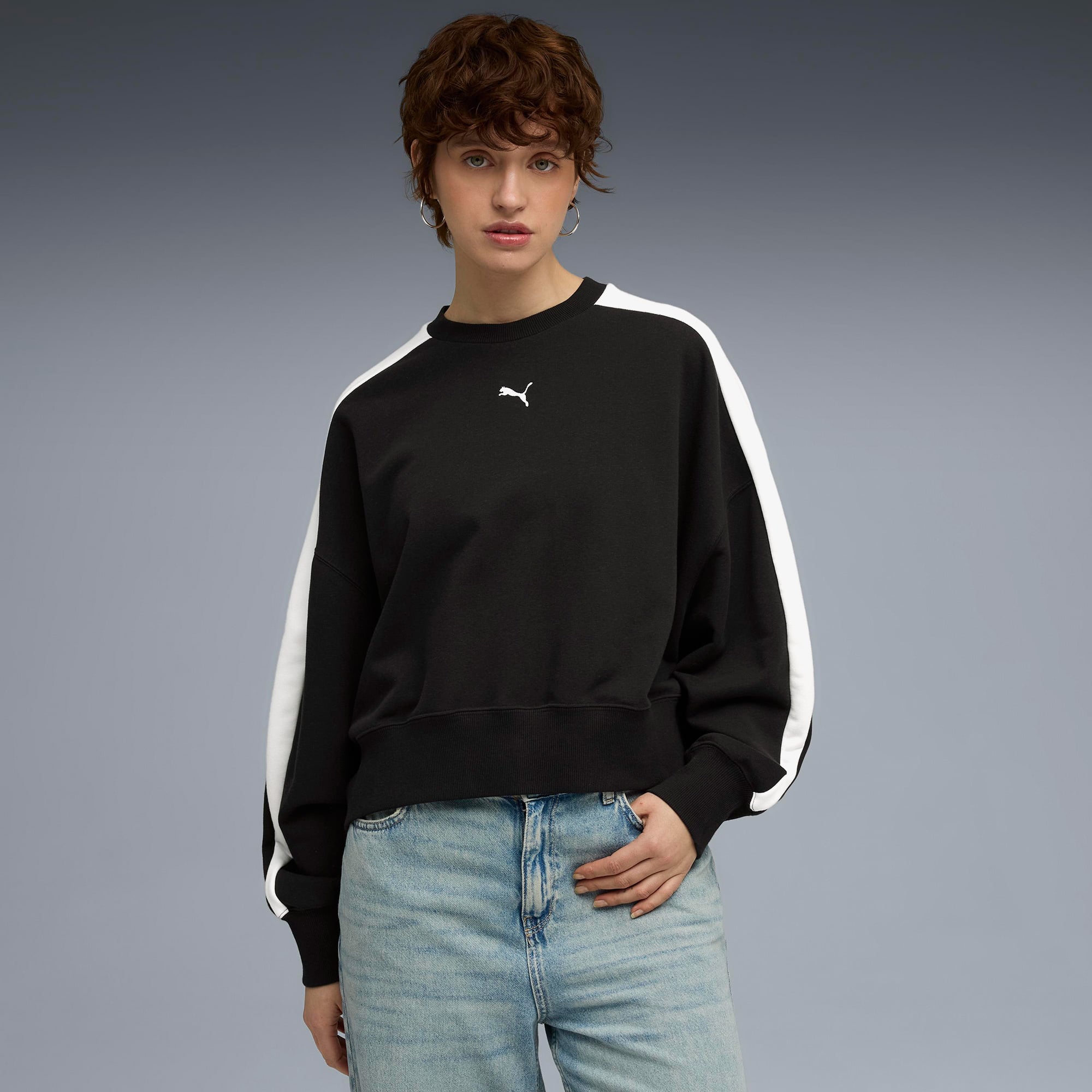  Puma T7 Over-Oversized Crew Kadın Siyah Sweatshirt