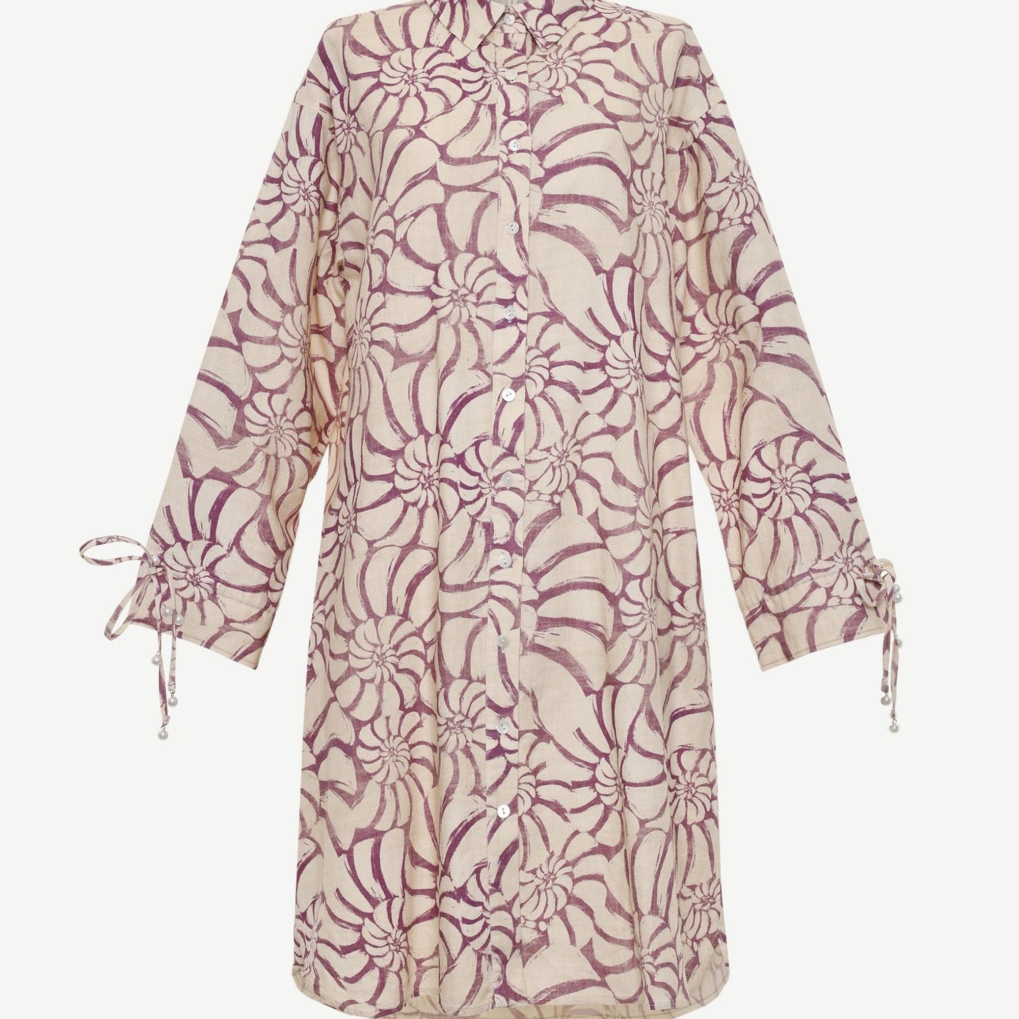 YARGICI Kol Ucu Boncuk Detaylı Uzun Kollu Gömlek Elbise