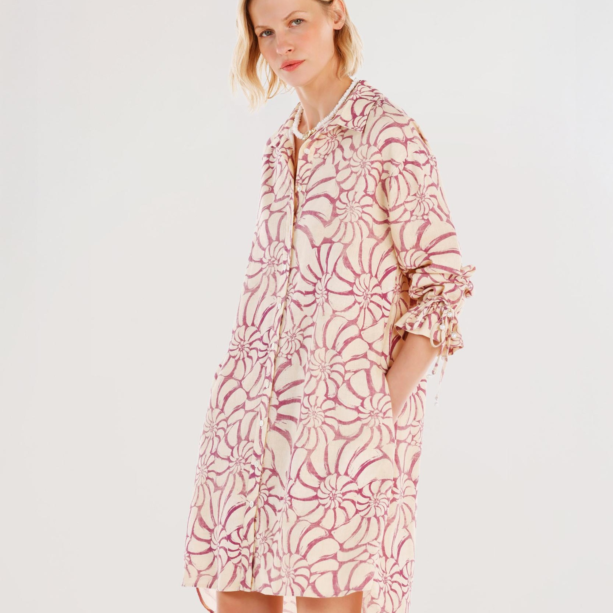 YARGICI Kol Ucu Boncuk Detaylı Uzun Kollu Gömlek Elbise