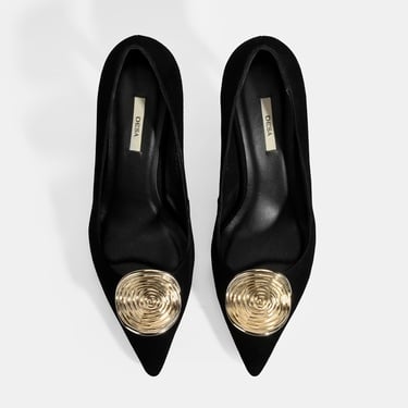  Kadın Siyah Gold Toka Detaylı Süet Topuklu Ayakkabı