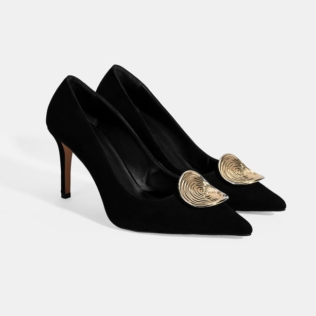 Kadın Siyah Gold Toka Detaylı Süet Topuklu Ayakkabı