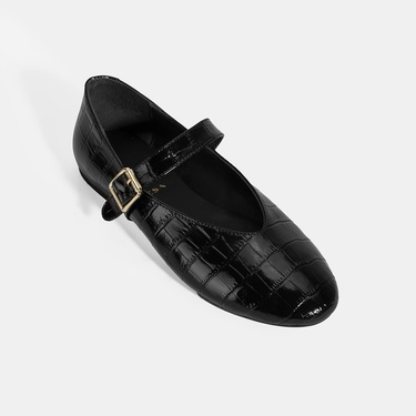  Kadın Siyah Kroko Baskılı Mary Jane Deri Babet