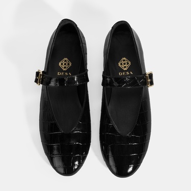  Kadın Siyah Kroko Baskılı Mary Jane Deri Babet