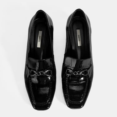  Kadın Siyah Kroko Baskılı Topuklu Rugan Loafer