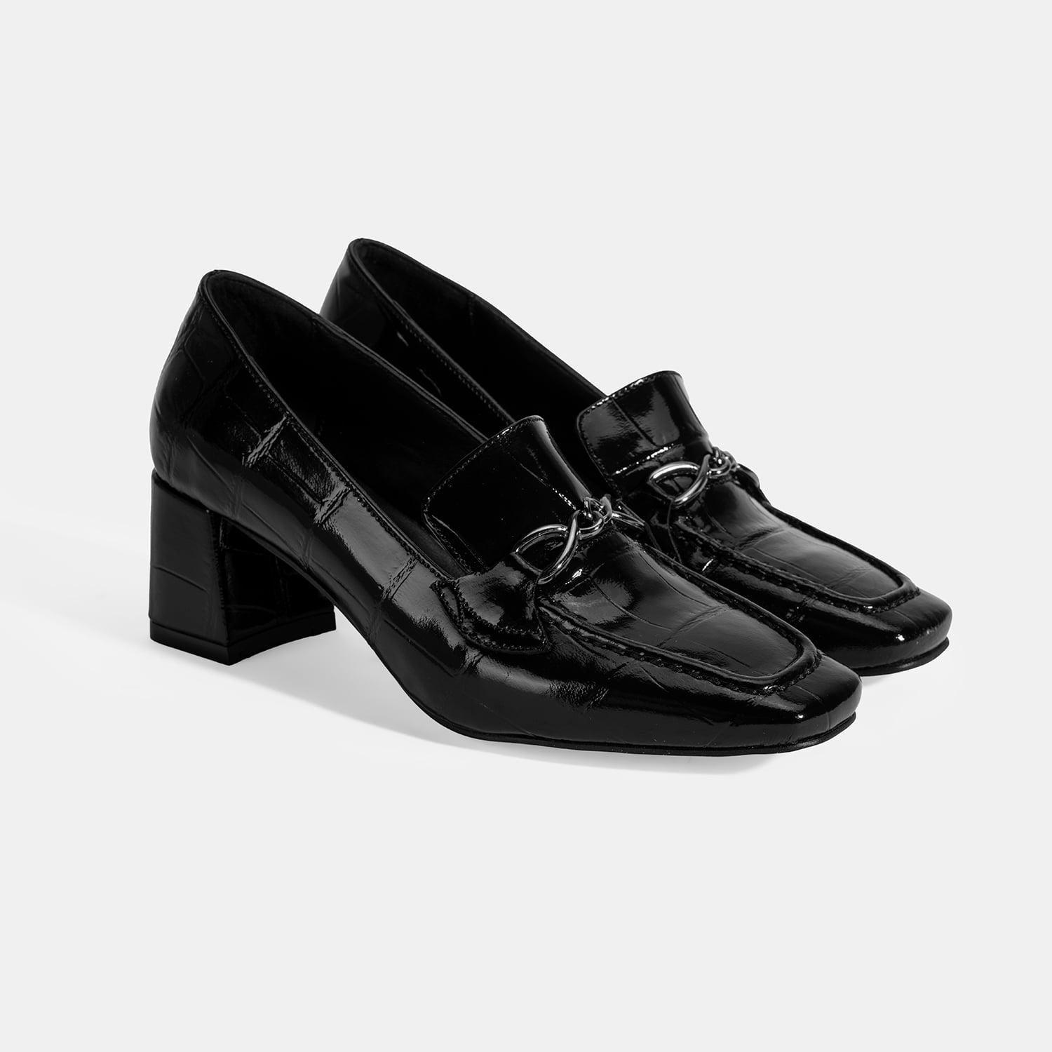  Kadın Siyah Kroko Baskılı Topuklu Rugan Loafer