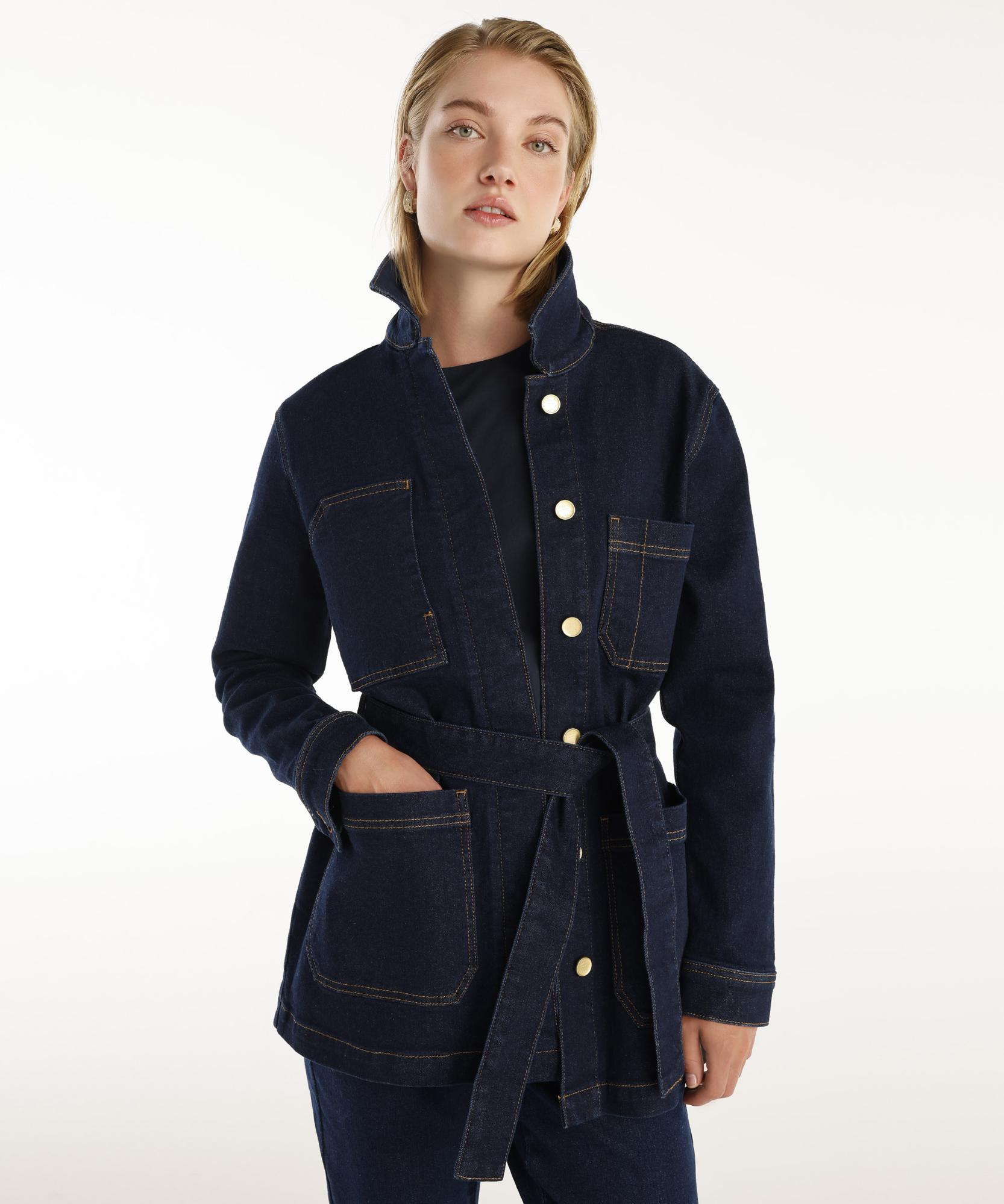  YARGICI Cep Detaylı Kemerli Denim Pardösü