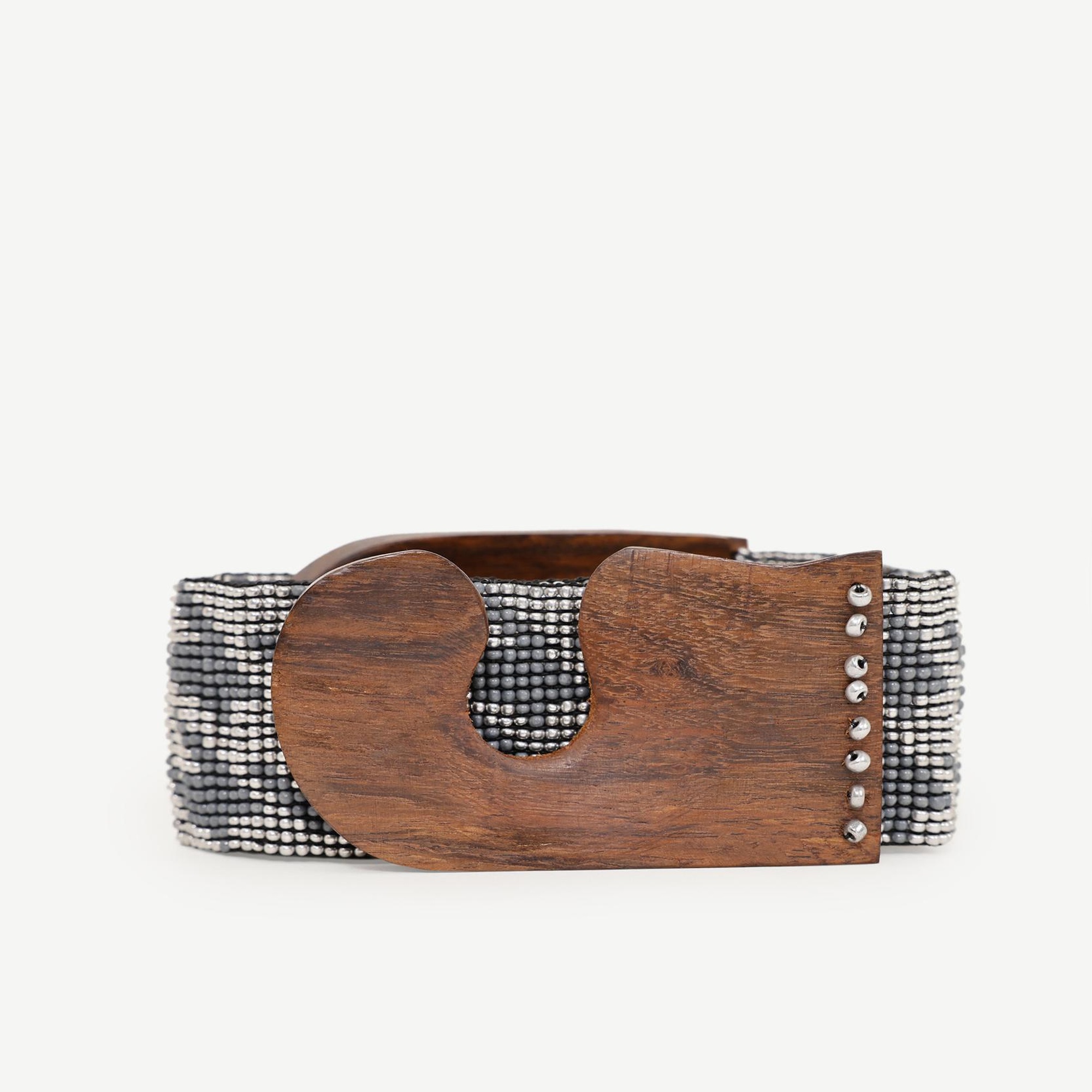 YARGICI Ahşap Tokalı Ve Kaz Ayağı Desenli Boncuk Işleme Kemer