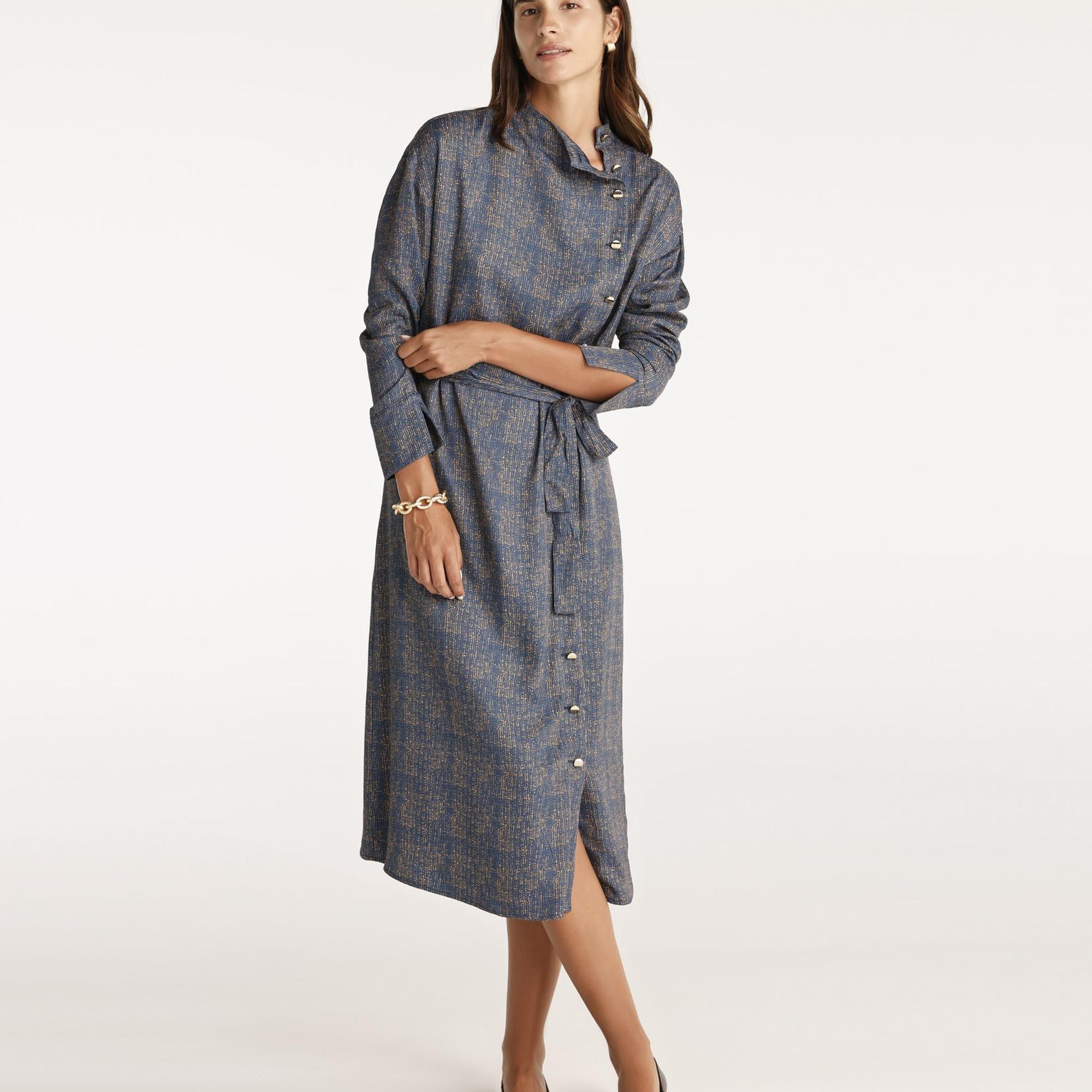 YARGICI Yüksek Yaka Kuşalı Uzun Kollu Midi Boy Elbise