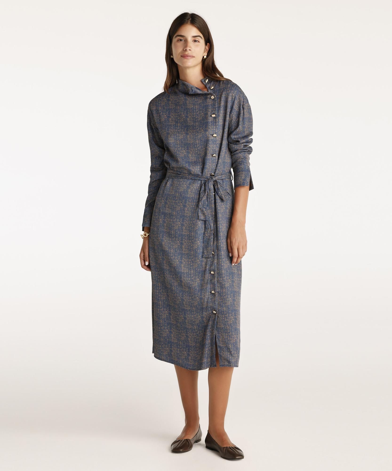  YARGICI Yüksek Yaka Kuşalı Uzun Kollu Midi Boy Elbise