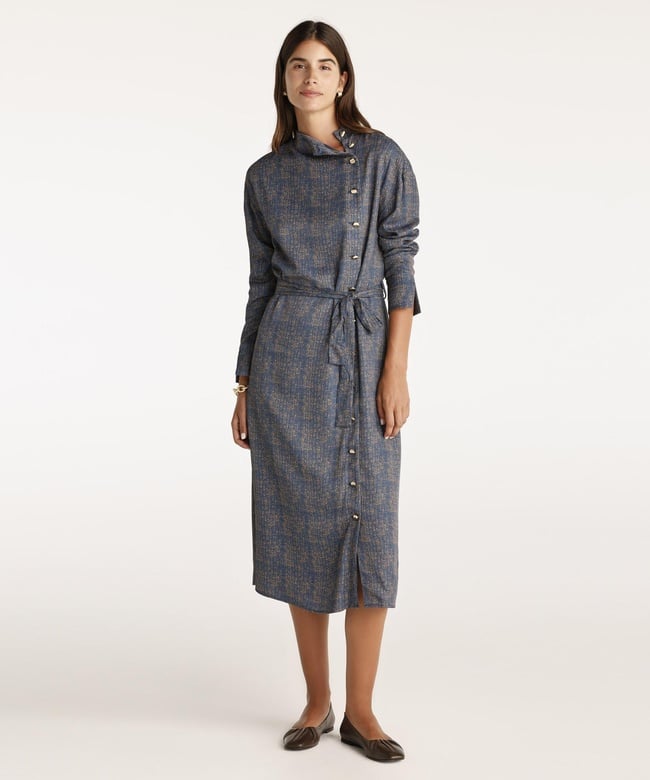  YARGICI Yüksek Yaka Kuşalı Uzun Kollu Midi Boy Elbise