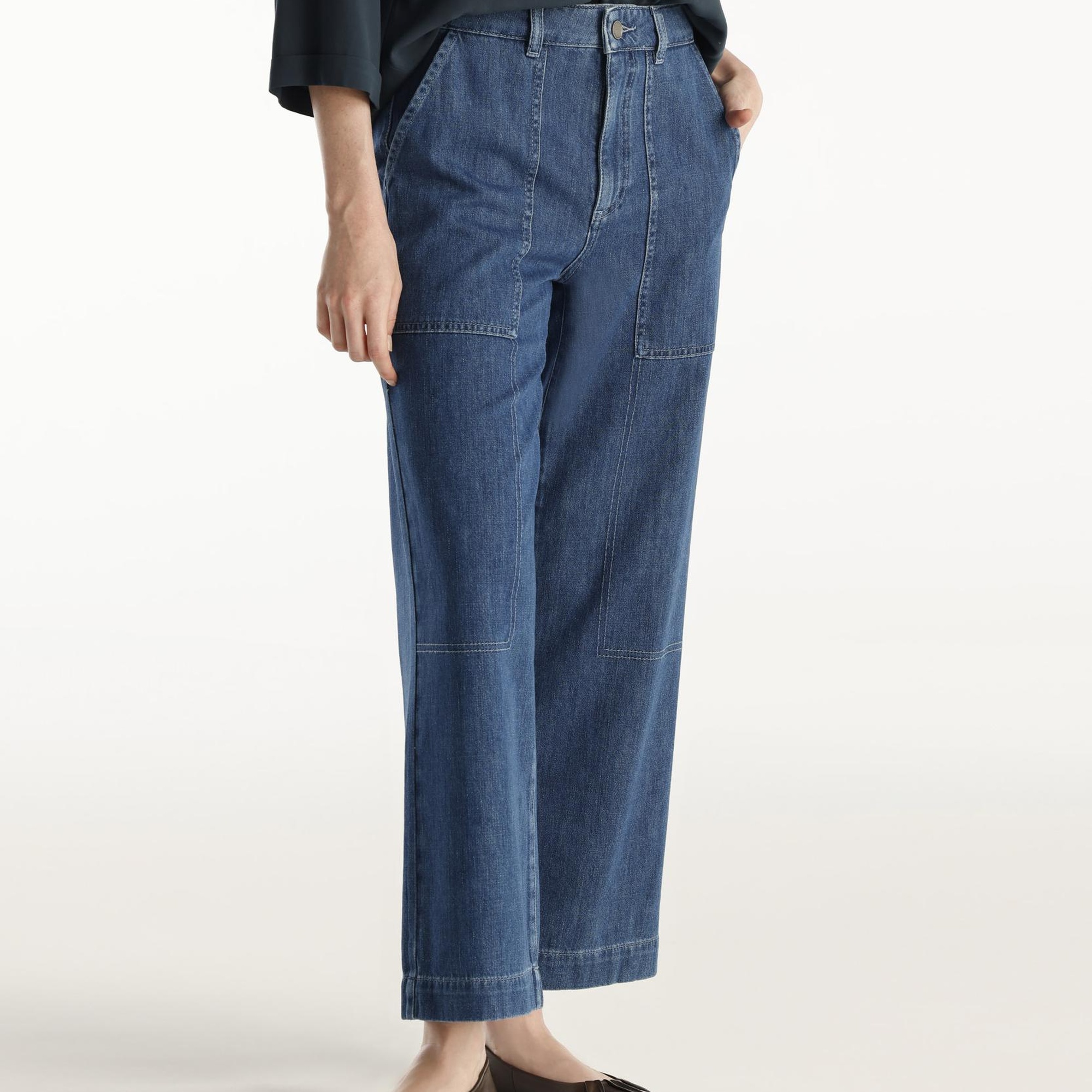 YARGICI Dikiş Detaylı Geniş Düz Kesim Yüksek Bel Denim Pantolon