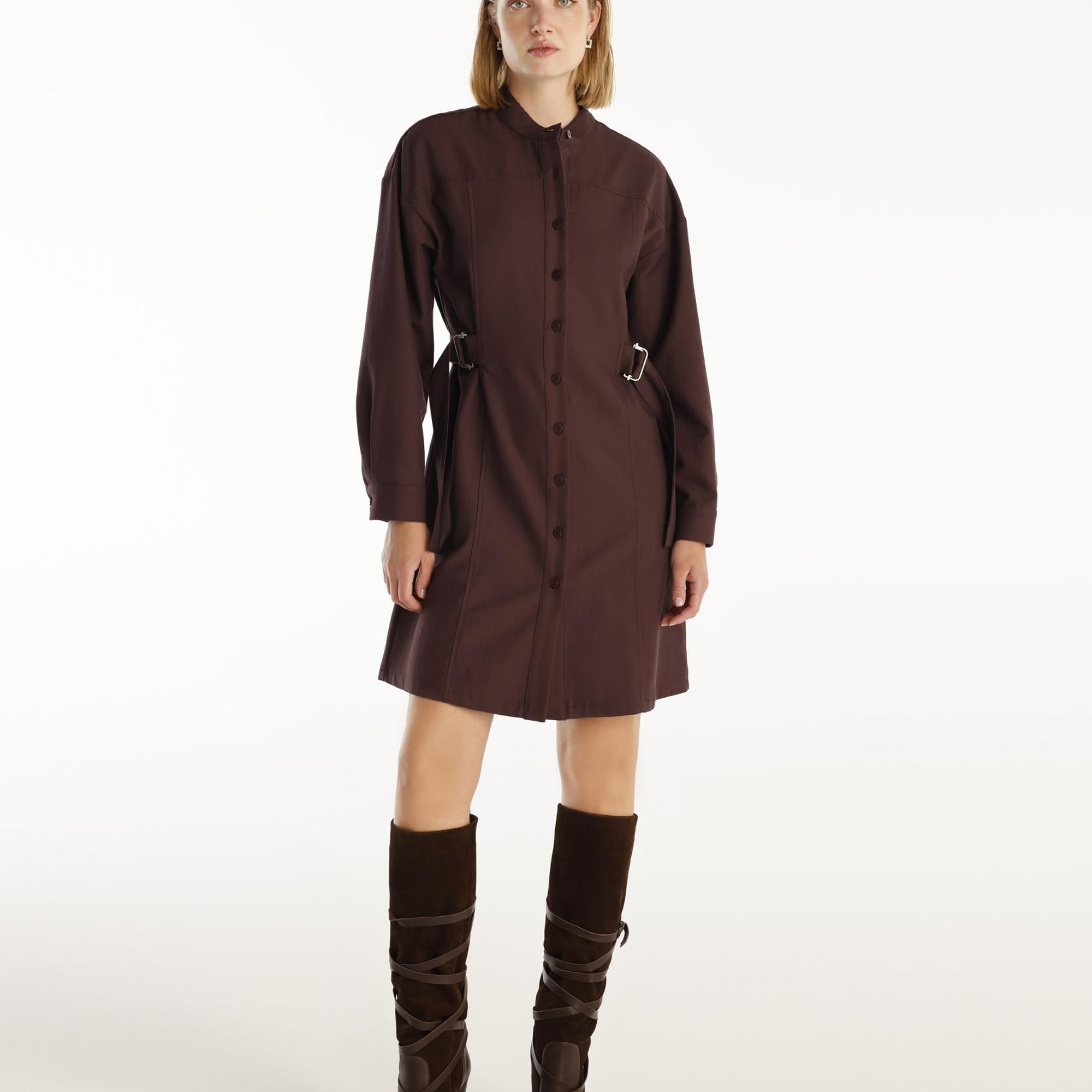 YARGICI Kemer Detaylı Uzun Kollu Hakim Yaka Kısa Gömlek Elbise