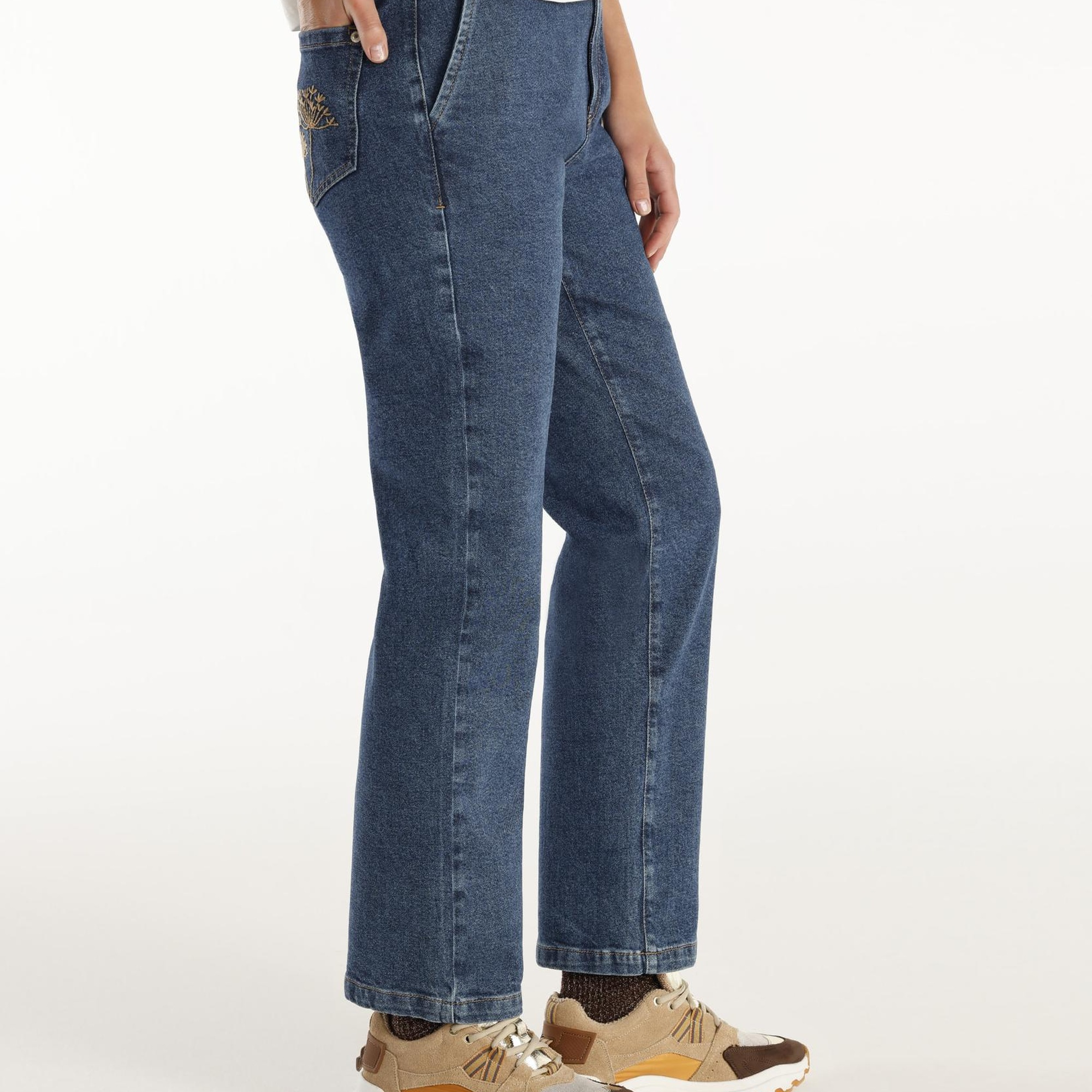 YARGICI Nakış Detaylı Yüksek Bel Denim Pantolon