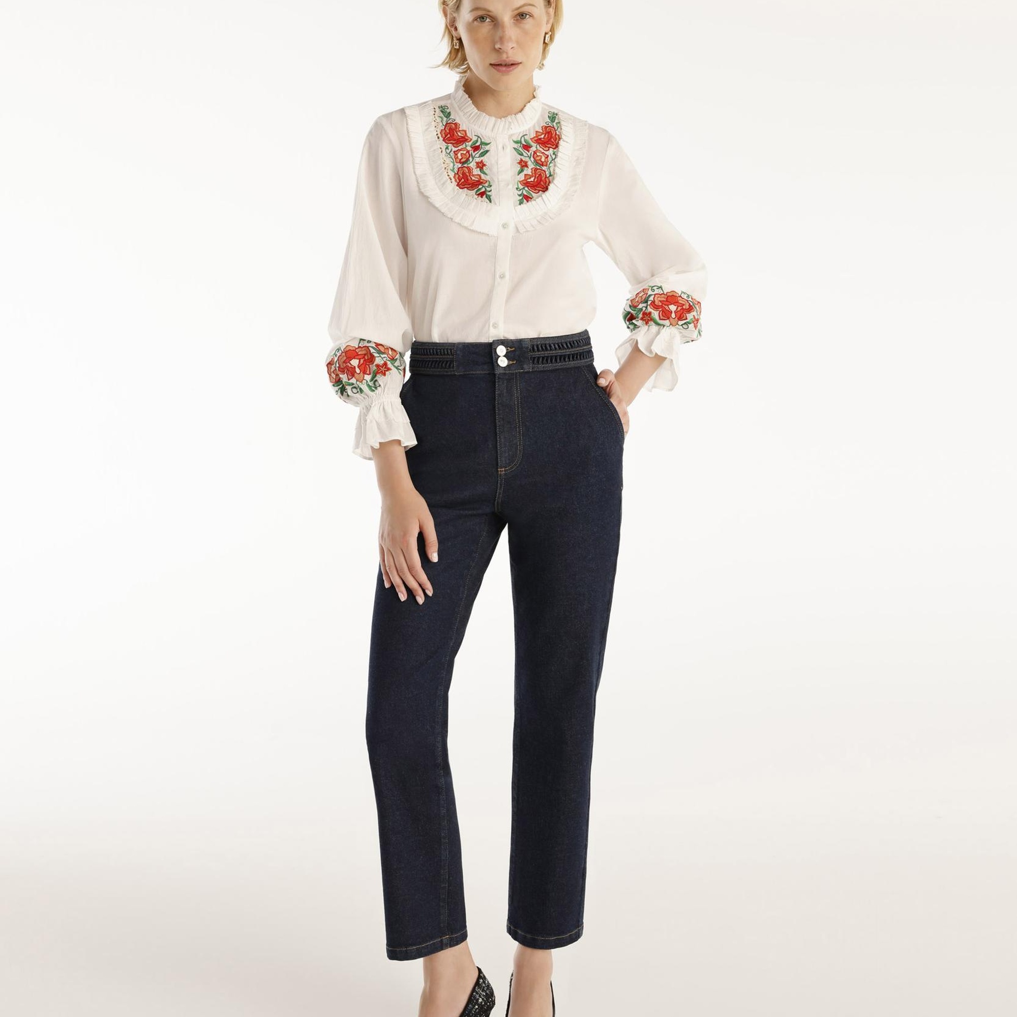 YARGICI Nakış Detaylı Yüksek Bel Denim Pantolon