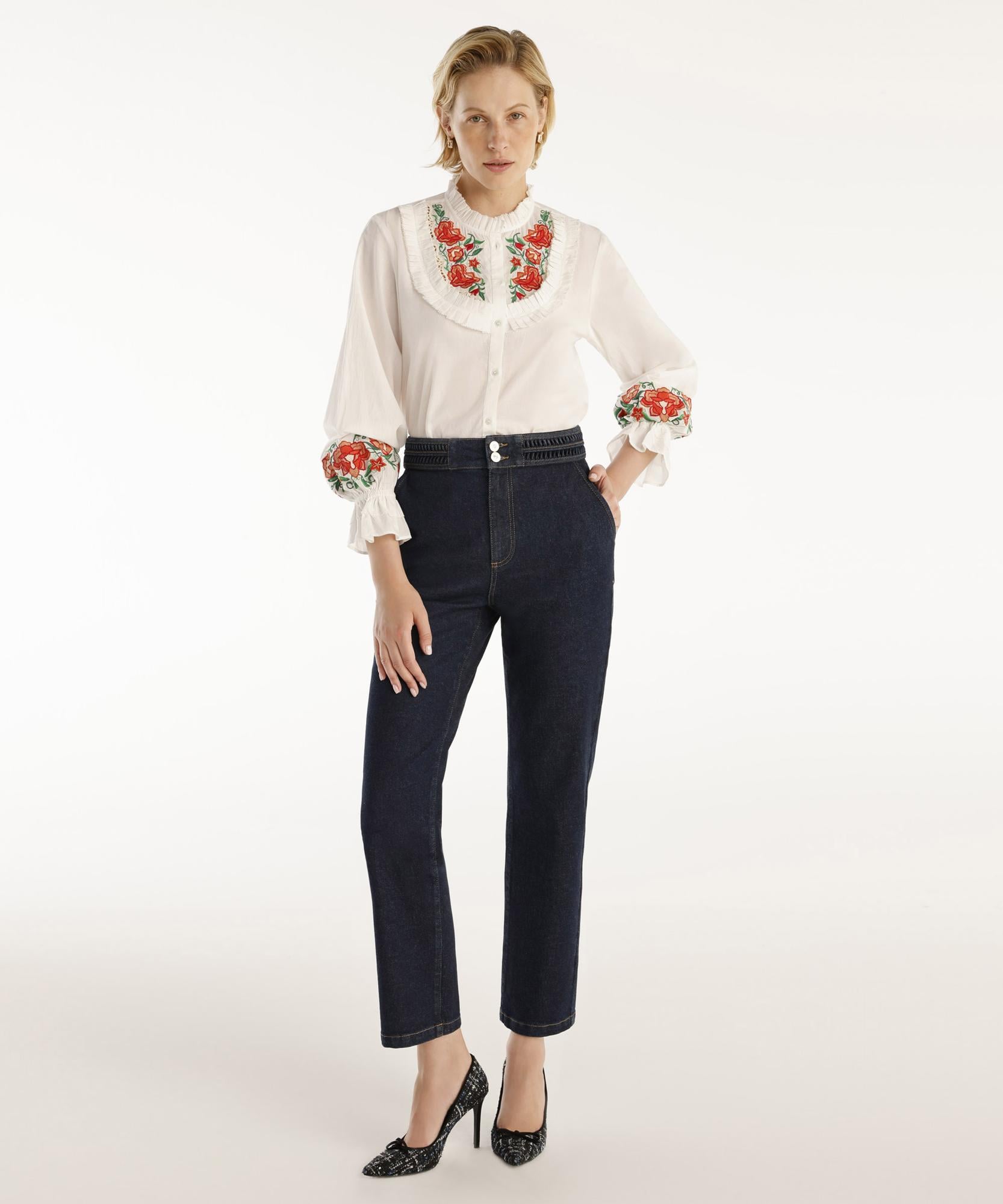  YARGICI Nakış Detaylı Yüksek Bel Denim Pantolon