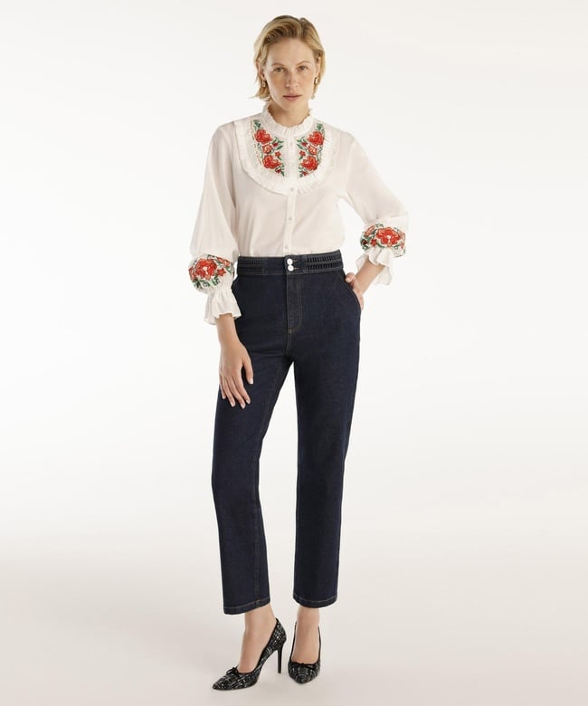  YARGICI Nakış Detaylı Yüksek Bel Denim Pantolon