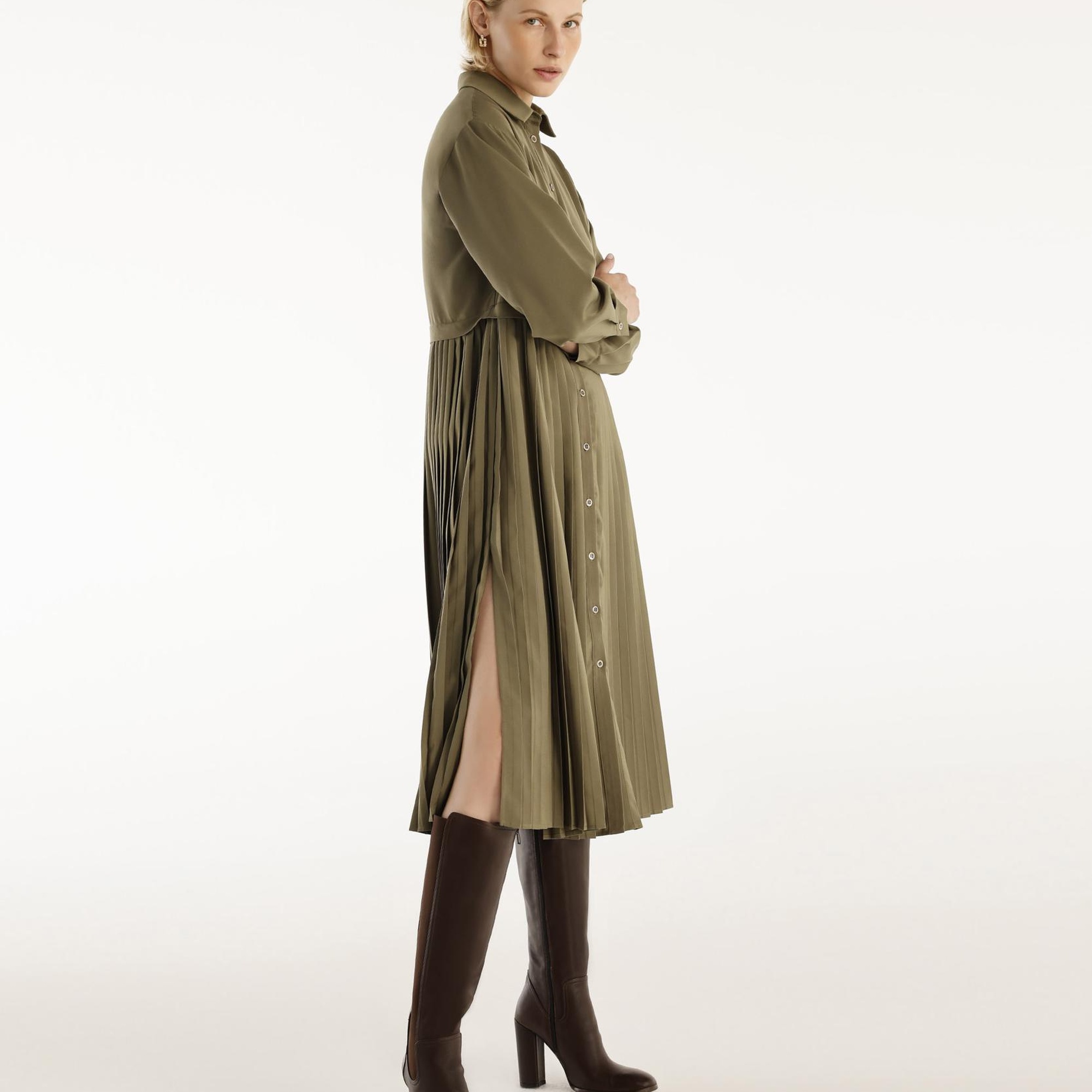 YARGICI Uzun Kollu Pliseli Midi Boy Gömlek Elbise