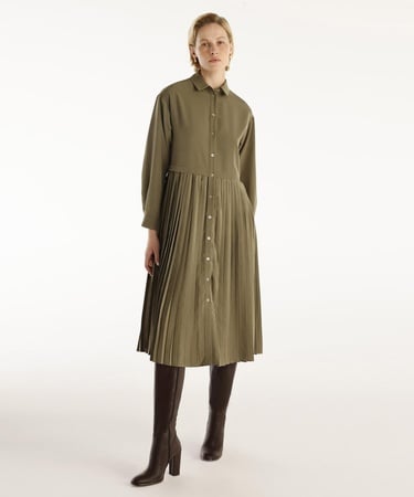  YARGICI Uzun Kollu Pliseli Midi Boy Gömlek Elbise
