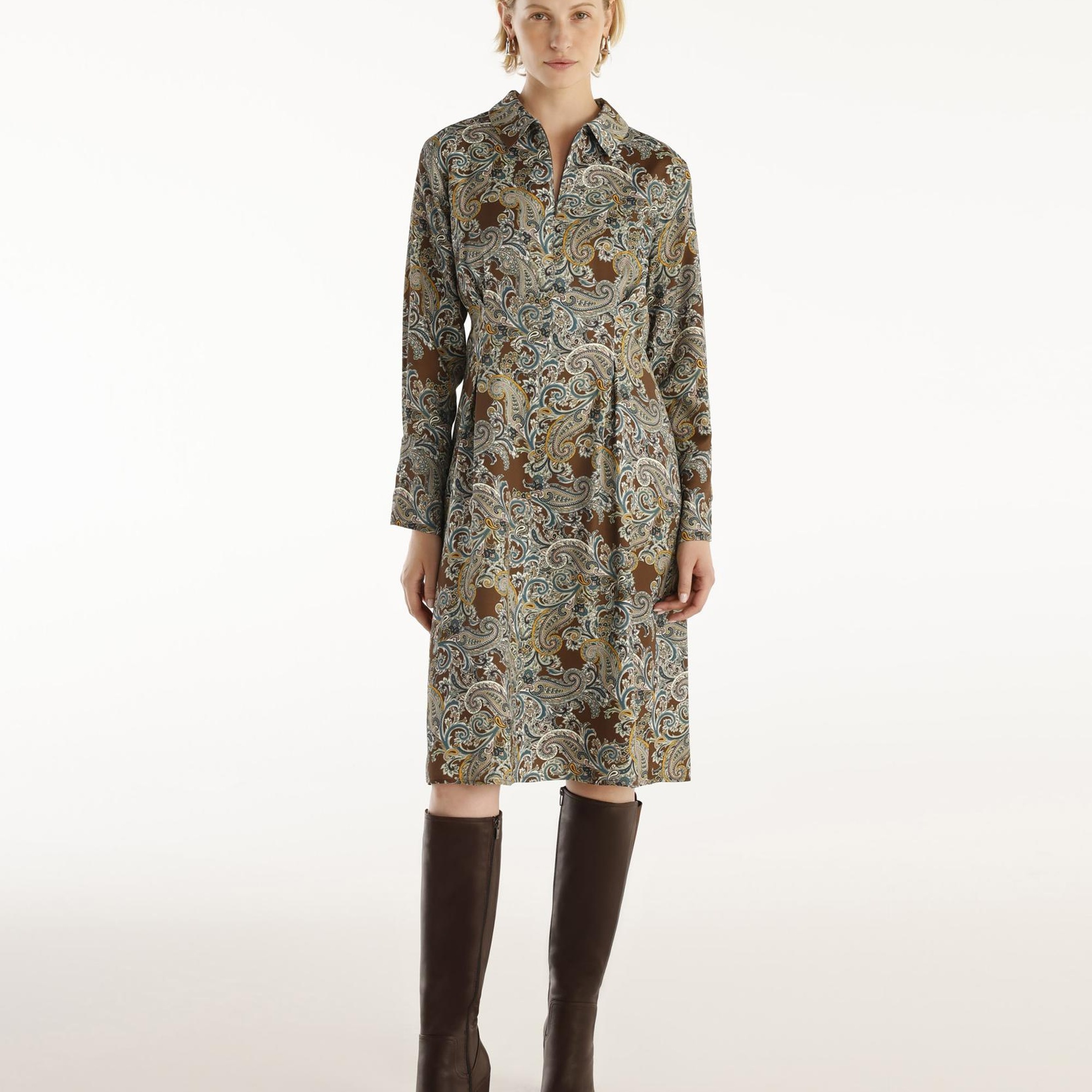 YARGICI Pensli Uzun Kollu Yakası Fermuarlı Elbise