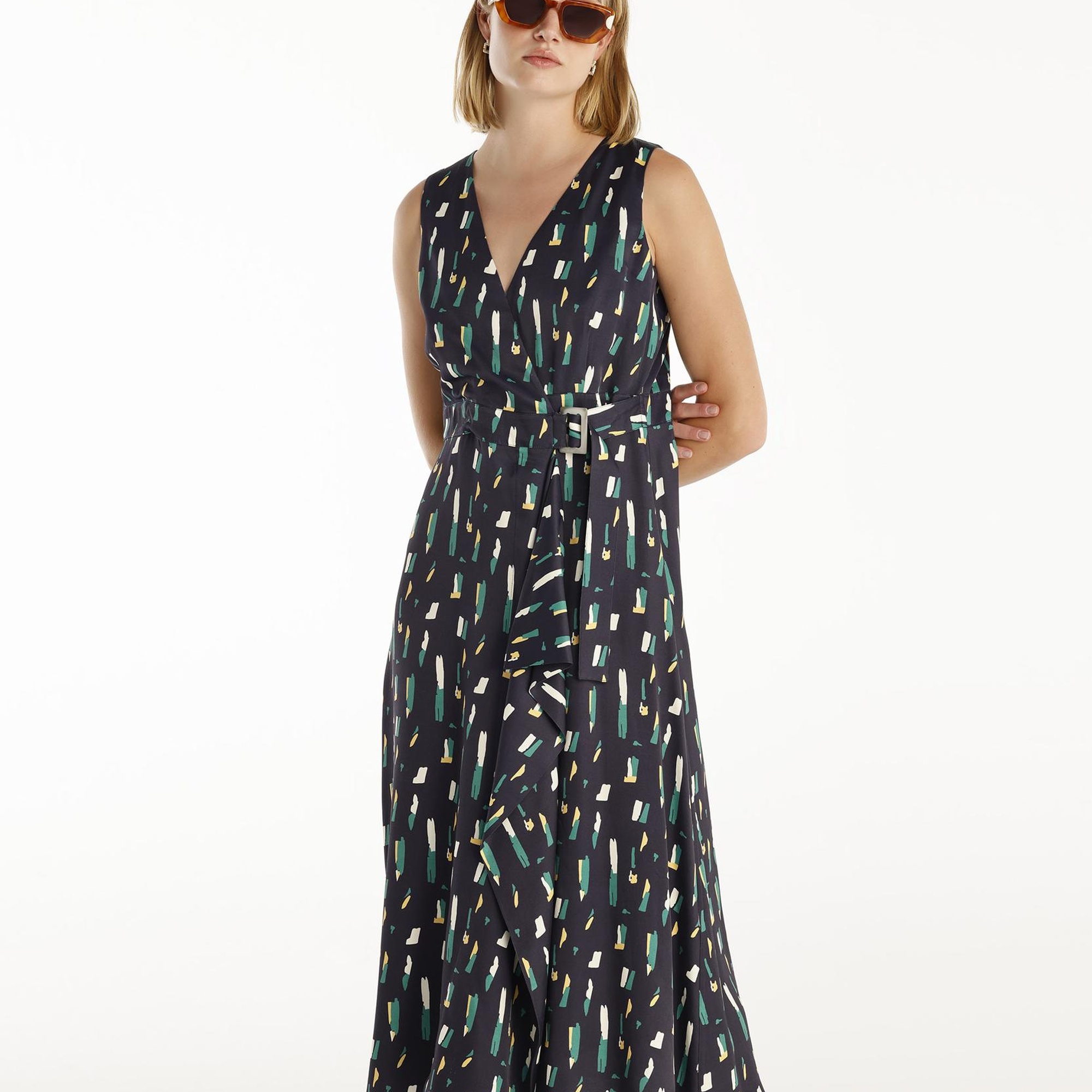 YARGICI Kemer Detaylı Kolsuz Kruvaze  Midi Boy Elbise