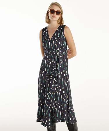  YARGICI Kemer Detaylı Kolsuz Kruvaze  Midi Boy Elbise