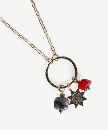  YARGICI İnce Zincir Siyah Kırmızı Doğal Taşlı Kolye