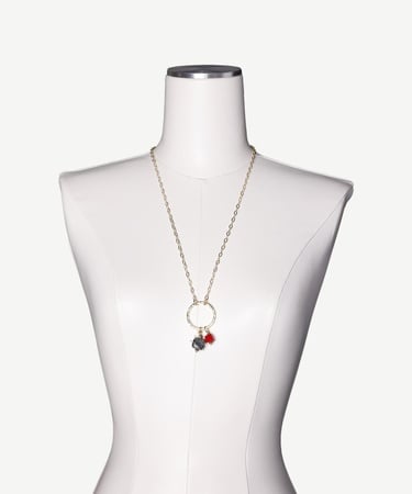  YARGICI İnce Zincir Siyah Kırmızı Doğal Taşlı Kolye
