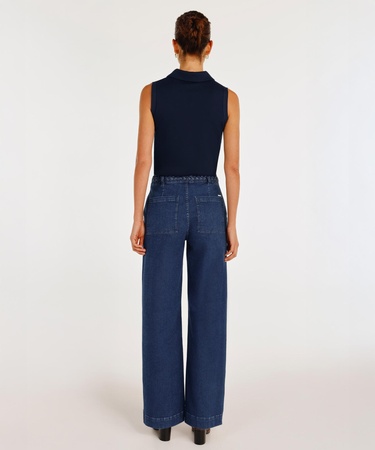  Örgü Kemer Detaylı Yüksek Bel Geniş Paça Denim Pantolon