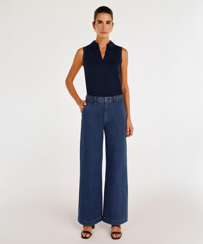  Örgü Kemer Detaylı Yüksek Bel Geniş Paça Denim Pantolon