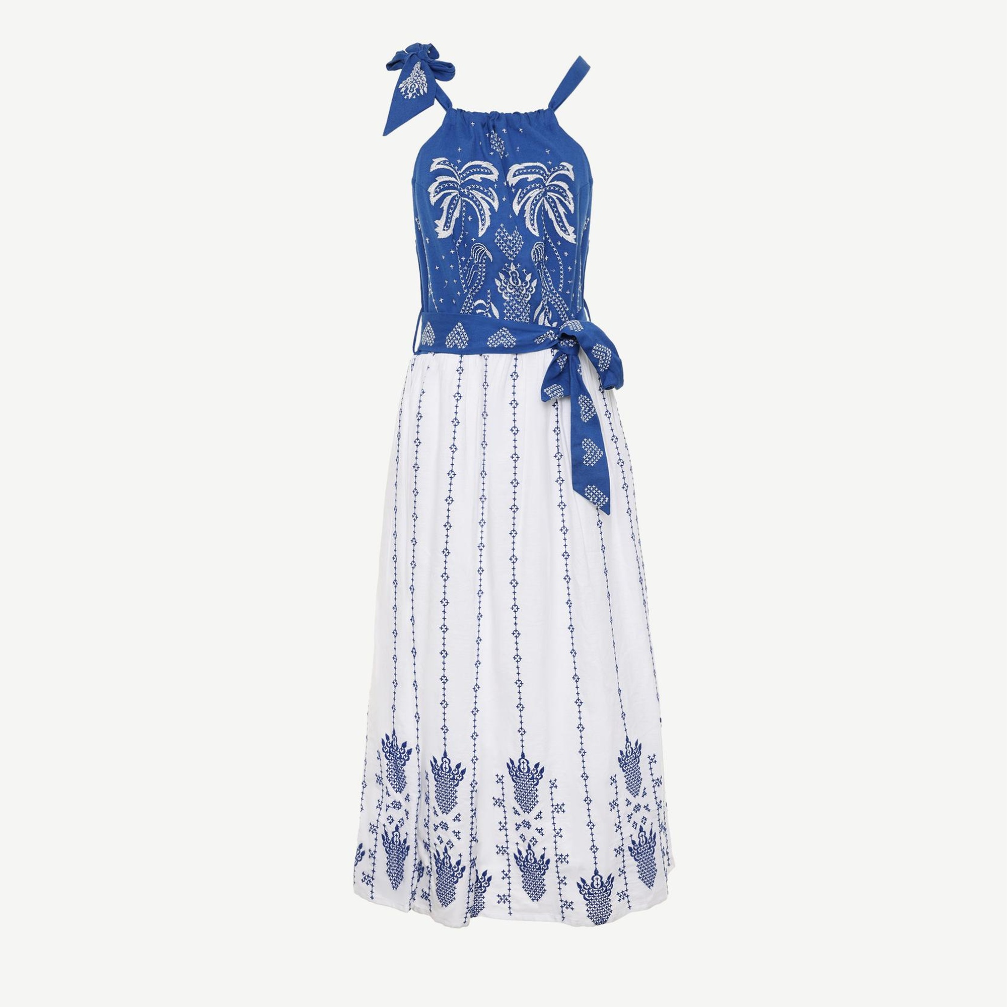 YARGICI Nakış Detaylı Kemerli Kolsuz Uzun Elbise