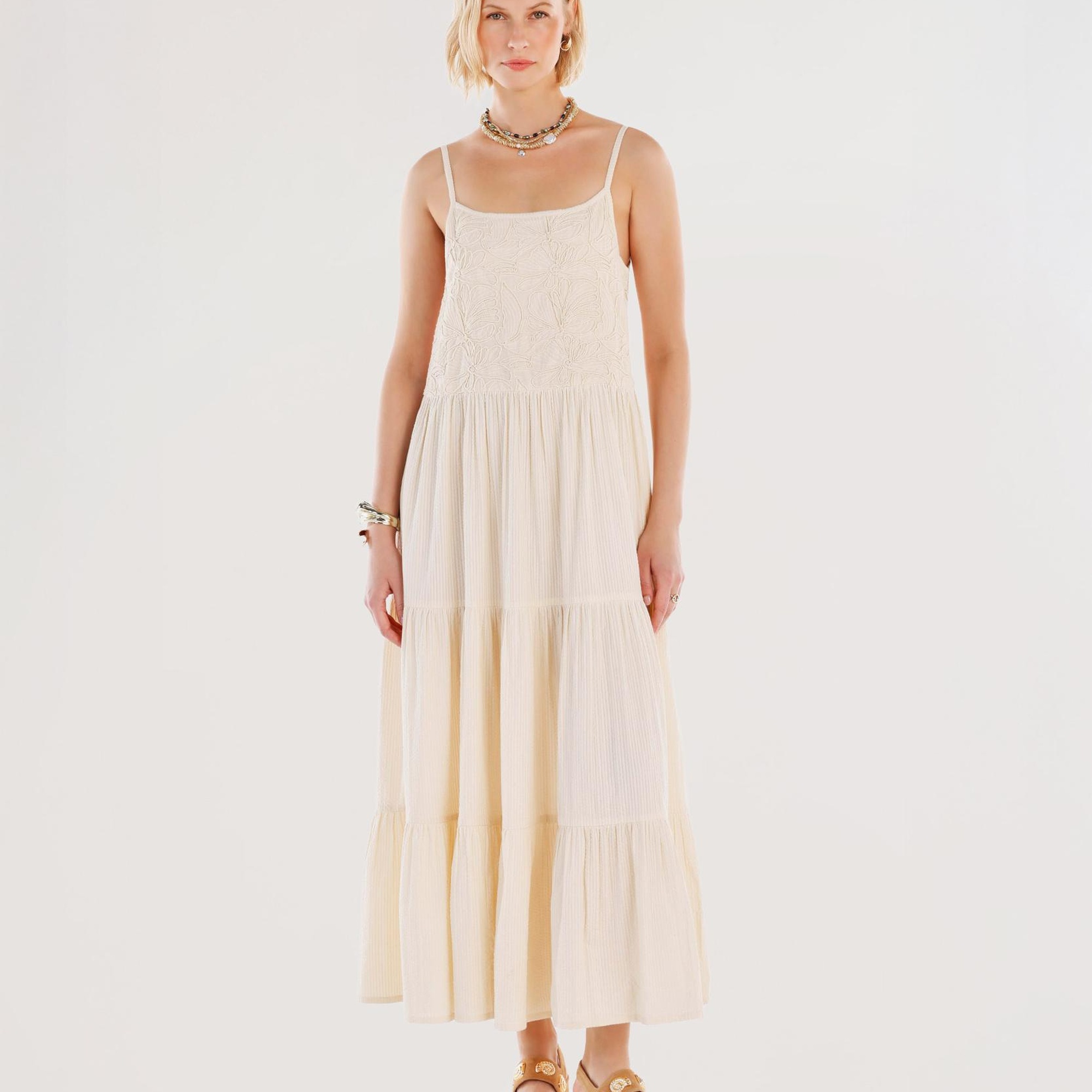 YARGICI Nakış Detaylı Askılı Midi Boy Elbise