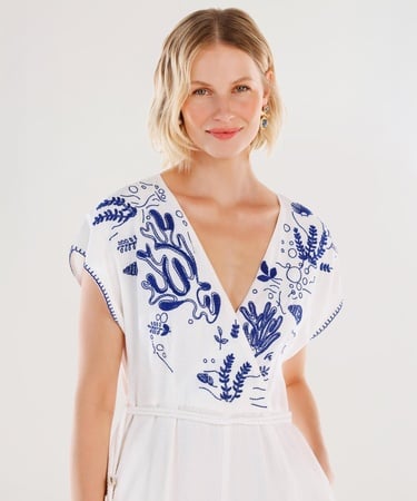  YARGICI Nakış Detaylı Kemerli Kısa Kollu Tulum