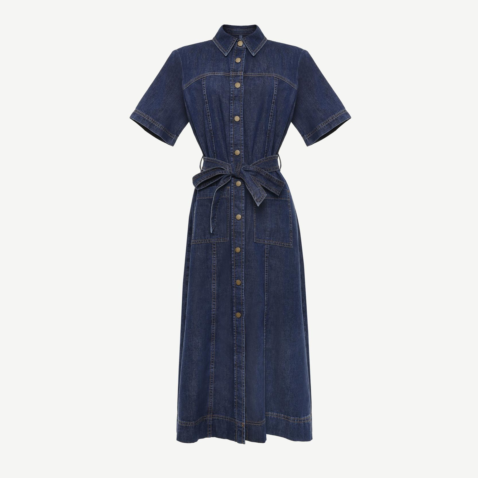 YARGICI Kemerli Kısa Kollu Midi Boy Denim Elbise