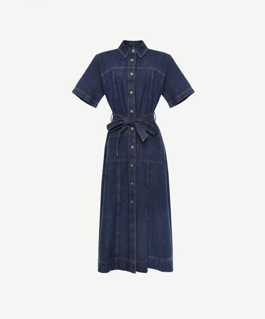  YARGICI Kemerli Kısa Kollu Midi Boy Denim Elbise