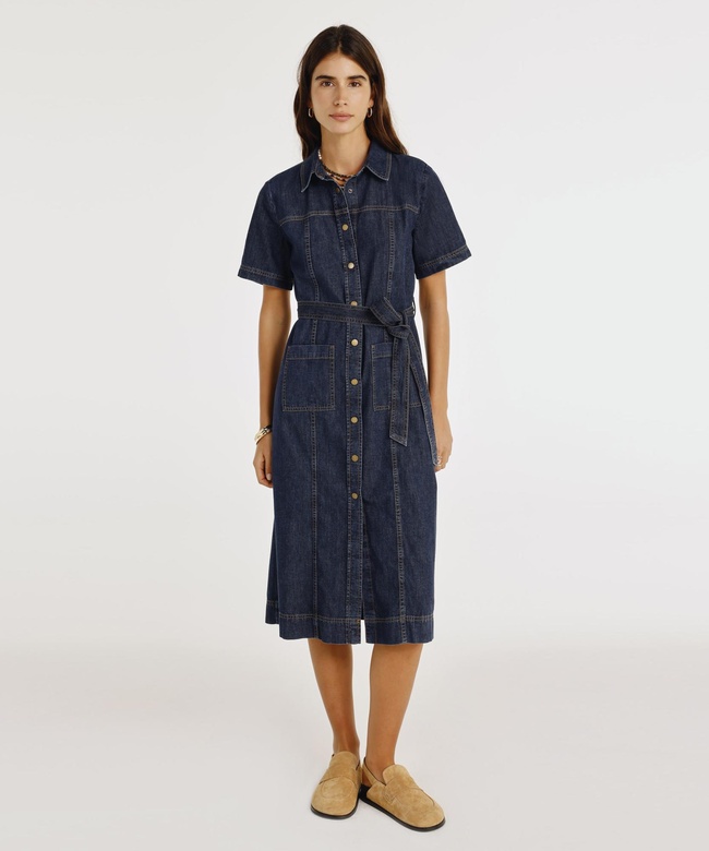  YARGICI Kemerli Kısa Kollu Midi Boy Denim Elbise