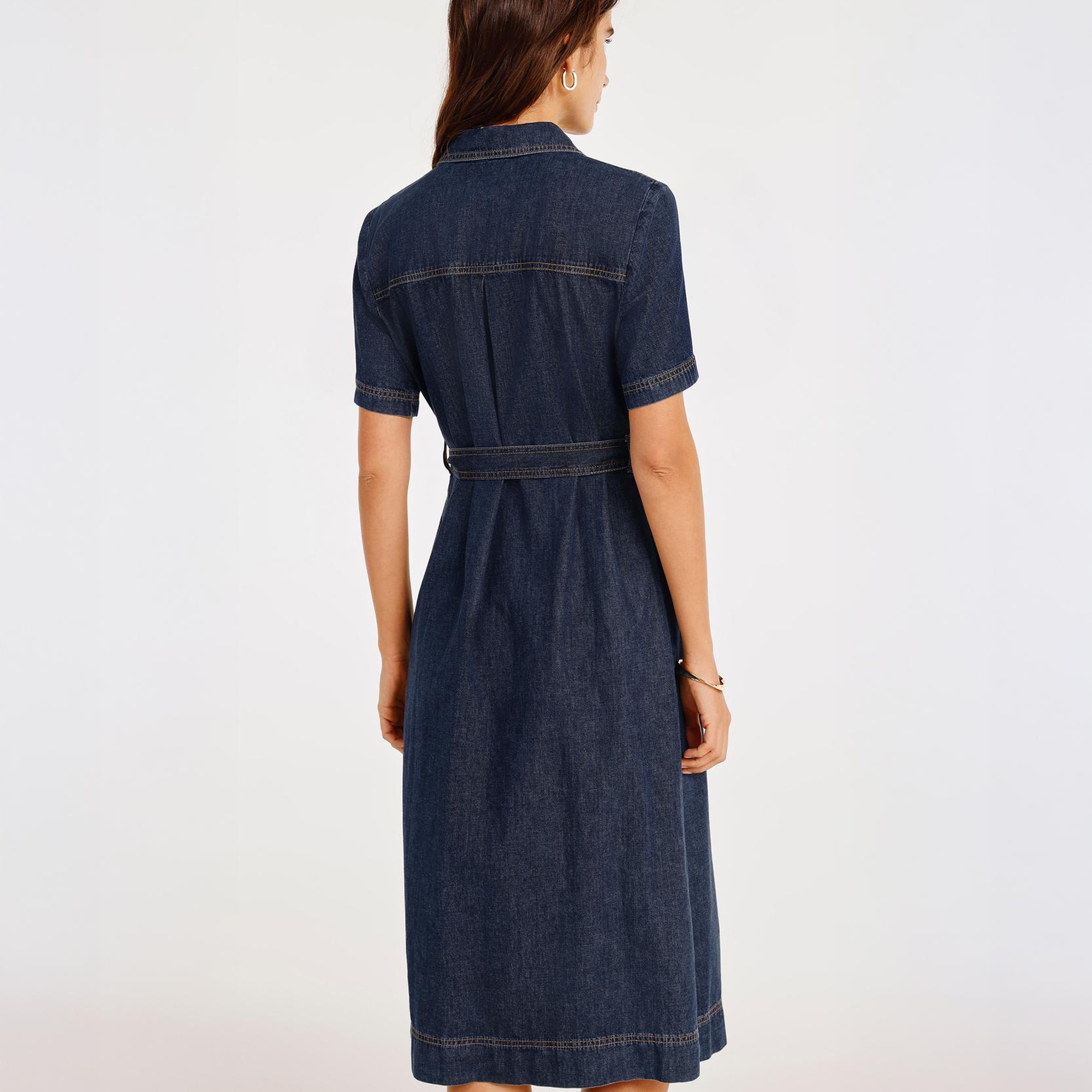 YARGICI Kemerli Kısa Kollu Midi Boy Denim Elbise