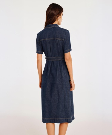  YARGICI Kemerli Kısa Kollu Midi Boy Denim Elbise