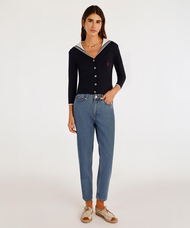  YARGICI Kemer Aksesuarlı Yüksel Bel Mom Fit Denim Pantolon