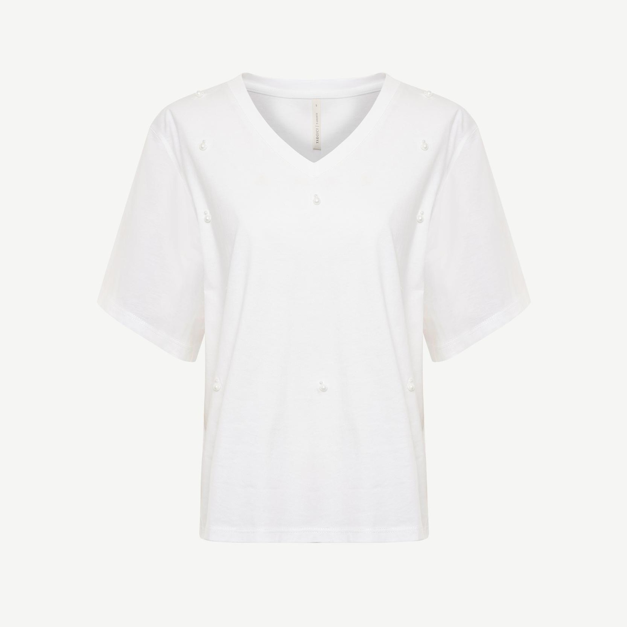 YARGICI Boncuk Detaylı V Yaka Kısa Kollu T-shirt