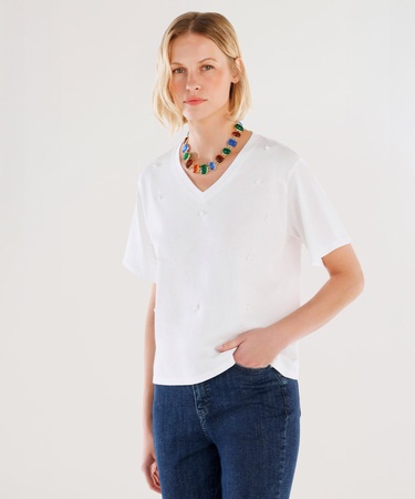  YARGICI Boncuk Detaylı V Yaka Kısa Kollu T-shirt