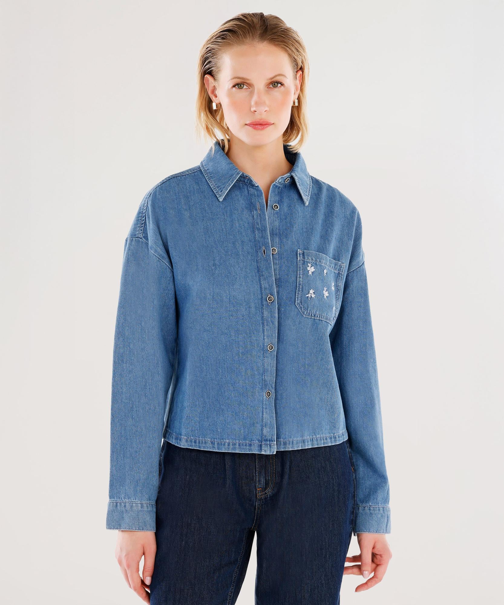  YARGICI Nakışlı Detaylı Uzun Kollu Denim Gömlek