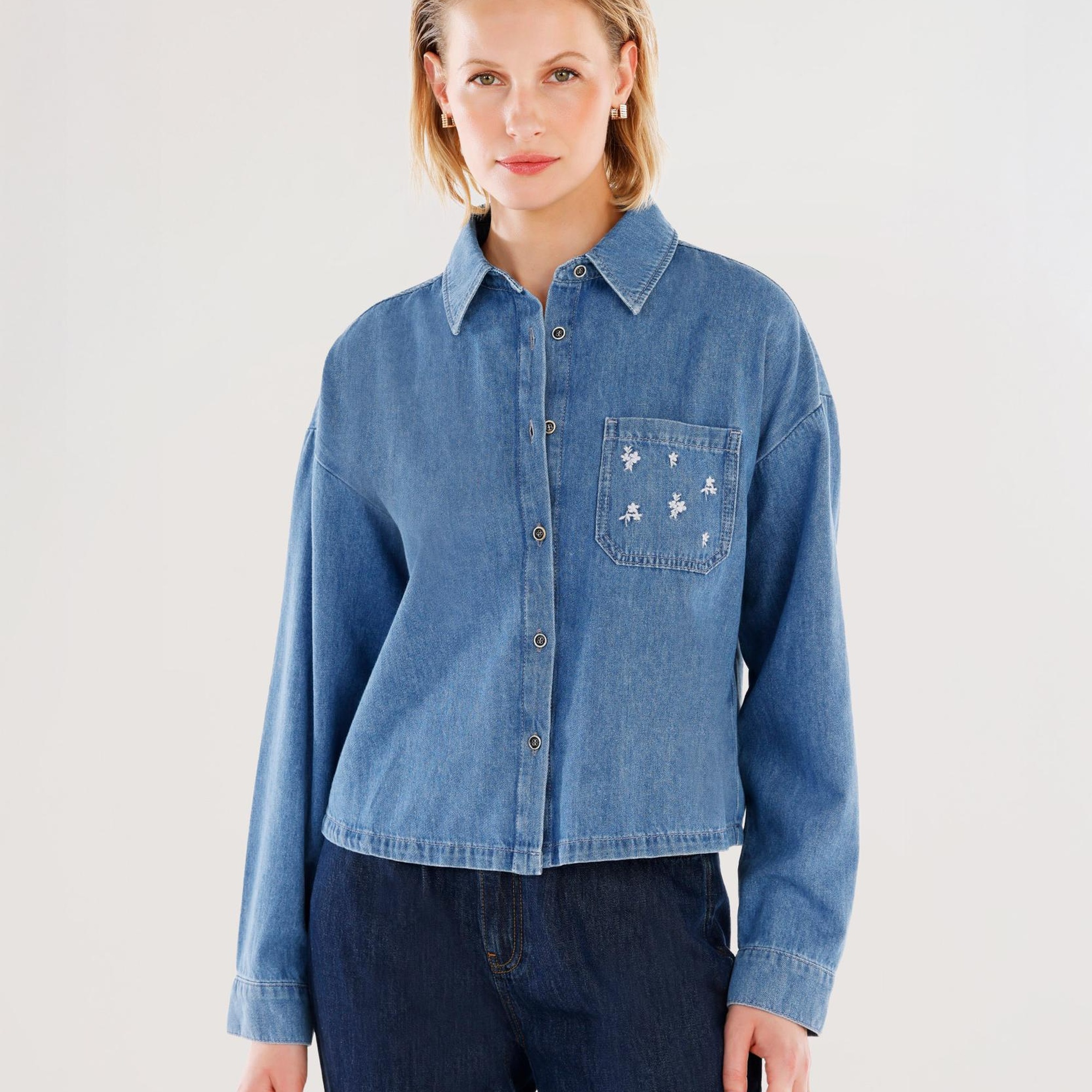 YARGICI Nakışlı Detaylı Uzun Kollu Denim Gömlek